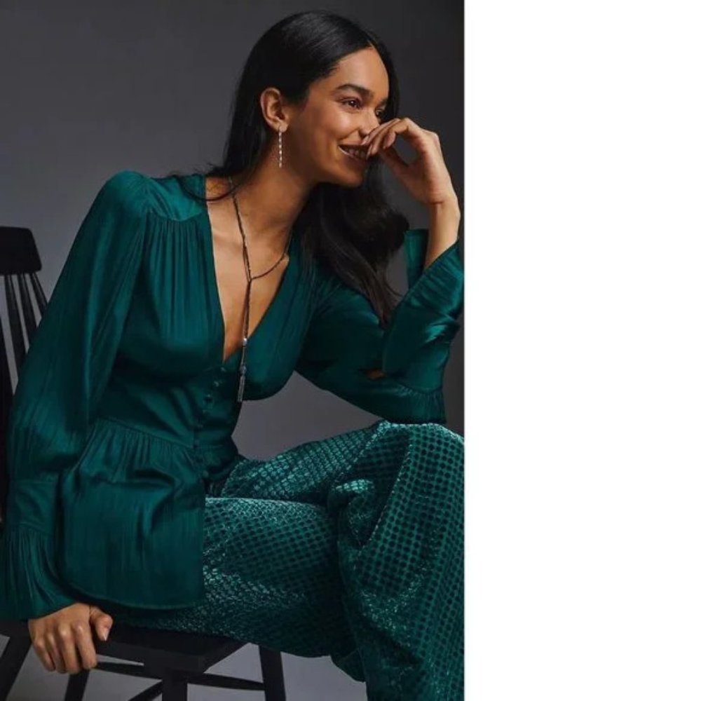 Anthropologie Deep-V Tunic Top Blouse in Emerald Green NWT
